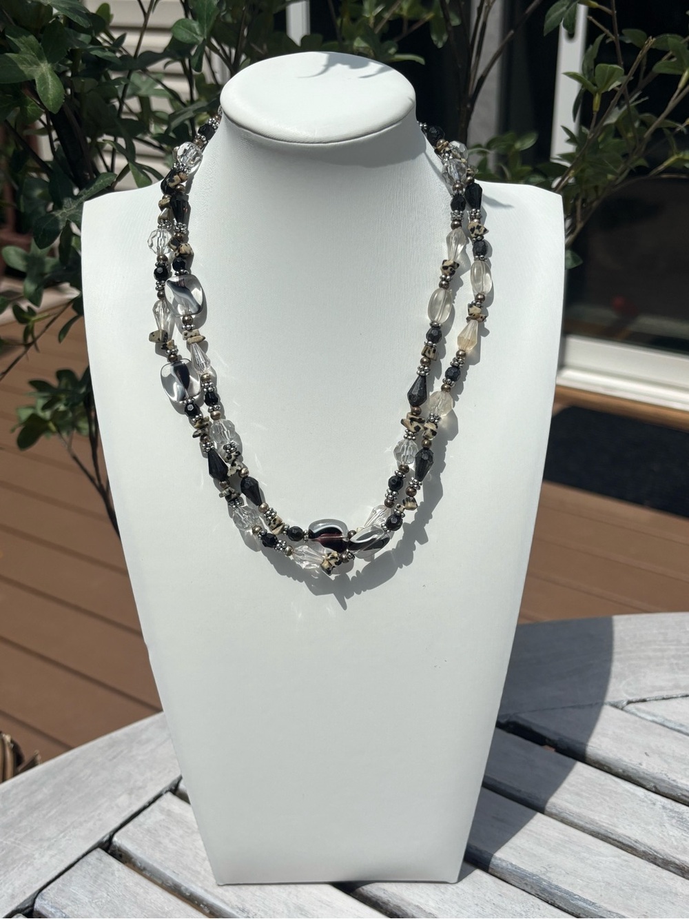 Elegant Black & Clear Beaded Double Strand Necklace